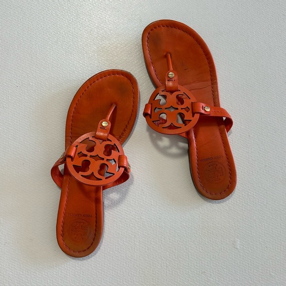 Tory Burch Miller Sandals in Orange Leather Size 9 USED - Picture 2 of 16